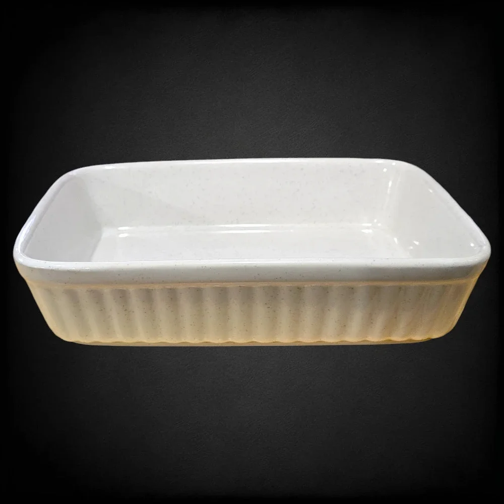 Vintage Stoneware Cream Speckled Japan Ribbed Mini Baking Dish Casserole Pan